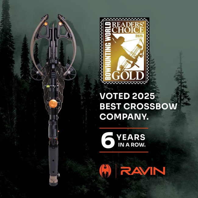 Ravin crossbow displayed against a forest background